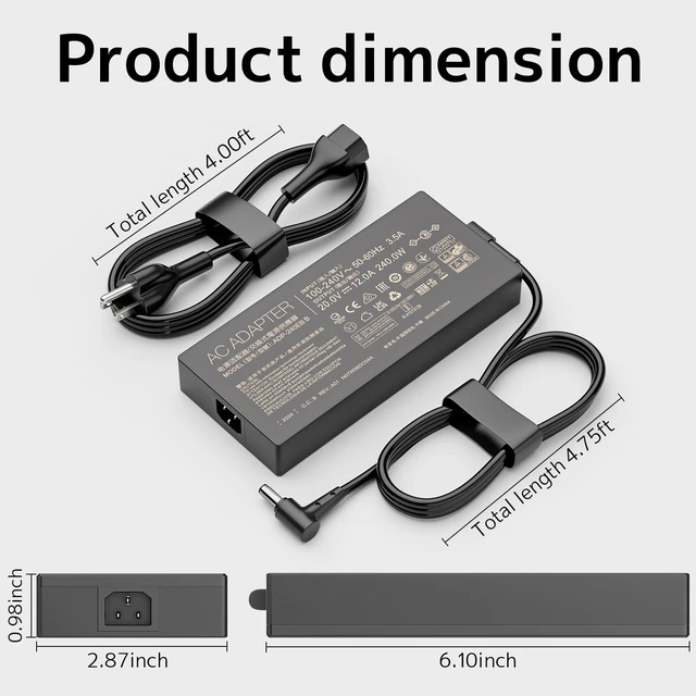 Alt view image 3 of 7 - 240W Laptop Charger Fit for ASUS ROG Strix Scar Zephyrus TUF Gaming 20V 12A 6.0 mm Center Pin Slim AC Adapter ADP-240EB B, A20-240P1A Power Supply Fast Charging Stable Power Wide Compatibility