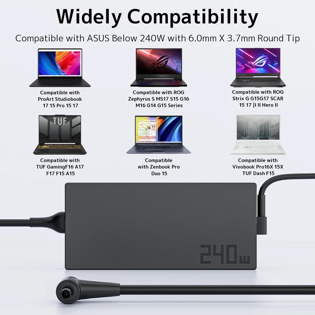 Alt view image 6 of 7 - 240W Laptop Charger Fit for ASUS ROG Strix Scar Zephyrus TUF Gaming 20V 12A 6.0 mm Center Pin Slim AC Adapter ADP-240EB B, A20-240P1A Power Supply Fast Charging Stable Power Wide Compatibility
