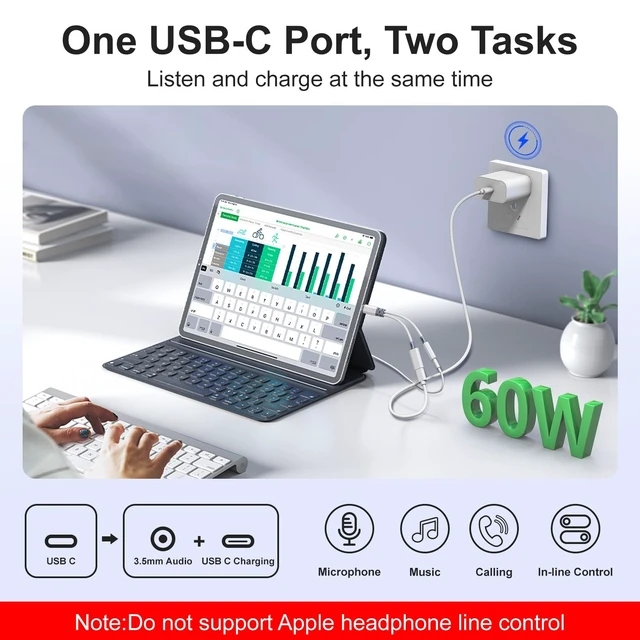 Alt view image 3 of 7 - 2 in 1 USB C to 3.5mm Audio Adapter with 60W PD Charging for iPhone,Galaxy Hi-Res 32bit/384kHz DAC Type C to Aux Adapter, USB C to Headphone Jack Dongle Cable for iPhone 17/16,Galaxy S26/S25/S24,Pixel