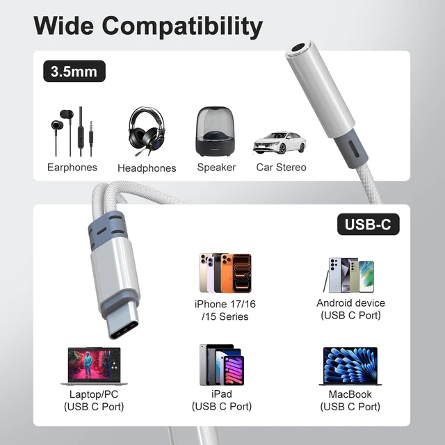 Alt view image 6 of 7 - 2 in 1 USB C to 3.5mm Audio Adapter with 60W PD Charging for iPhone,Galaxy Hi-Res 32bit/384kHz DAC Type C to Aux Adapter, USB C to Headphone Jack Dongle Cable for iPhone 17/16,Galaxy S26/S25/S24,Pixel