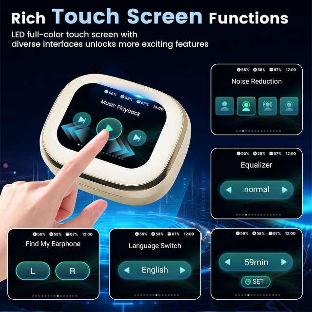 Alt view image 2 of 7 - Wireless Earbuds with Smart Touch Screen Bluetooth in-Ear Headphones ANC Noise Cancelling Clear Calls 60H Playtime IPX5 Waterproof Earbuds for Sports Gym Work Travel