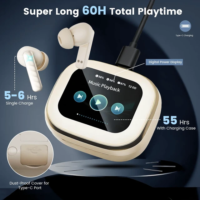 Alt view image 5 of 7 - Wireless Earbuds with Smart Touch Screen Bluetooth in-Ear Headphones ANC Noise Cancelling Clear Calls 60H Playtime IPX5 Waterproof Earbuds for Sports Gym Work Travel