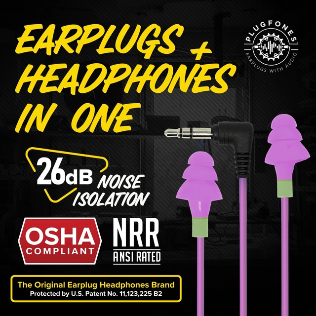 Alt view image 2 of 7 - Basic Wired Earplug Headphones, OSHA Compliant Foam Work Earbuds 26dB NRR, Purple Headphones That Look Like Ear Plugs, Hearing Protection for Construction, Safety Earphones, Racing Ear Buds