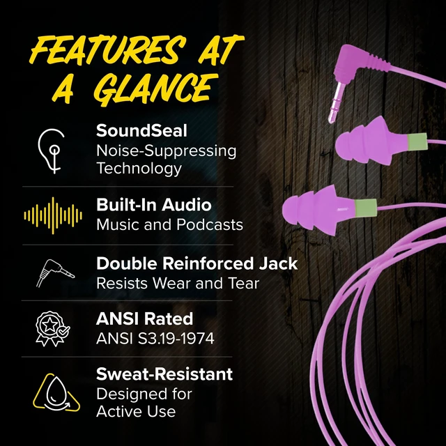 Alt view image 4 of 7 - Basic Wired Earplug Headphones, OSHA Compliant Foam Work Earbuds 26dB NRR, Purple Headphones That Look Like Ear Plugs, Hearing Protection for Construction, Safety Earphones, Racing Ear Buds
