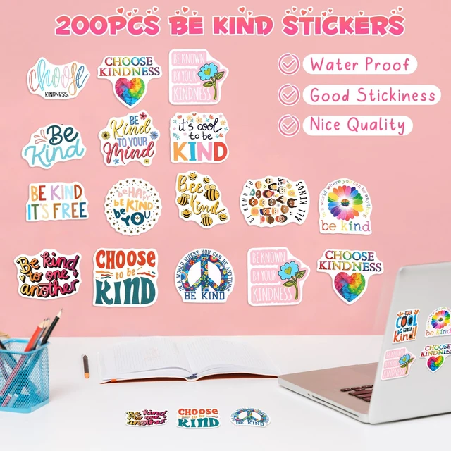 Alt view image 3 of 7 - 200 Pcs Be Kind Stickers, Waterproof Kindness Decals Kindness Stickers with Motivational Quotes for Water Bottles, Laptops, Classroom Rewards, Teacher Supplies, and Encouragement
