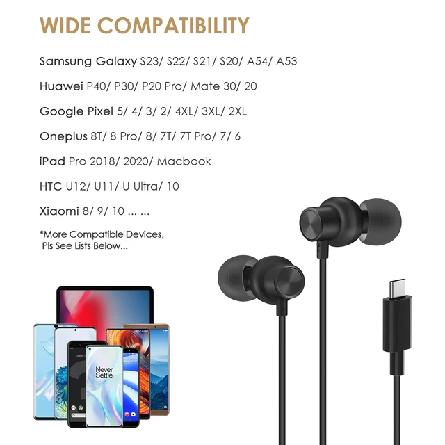 Alt view image 7 of 7 - USB Type C Headphones in Ear Earbuds, Black Mic and Volume Control, Compatible for Galaxy S25/S24/S23/Galaxy Note 10, iPhone 17/16/15