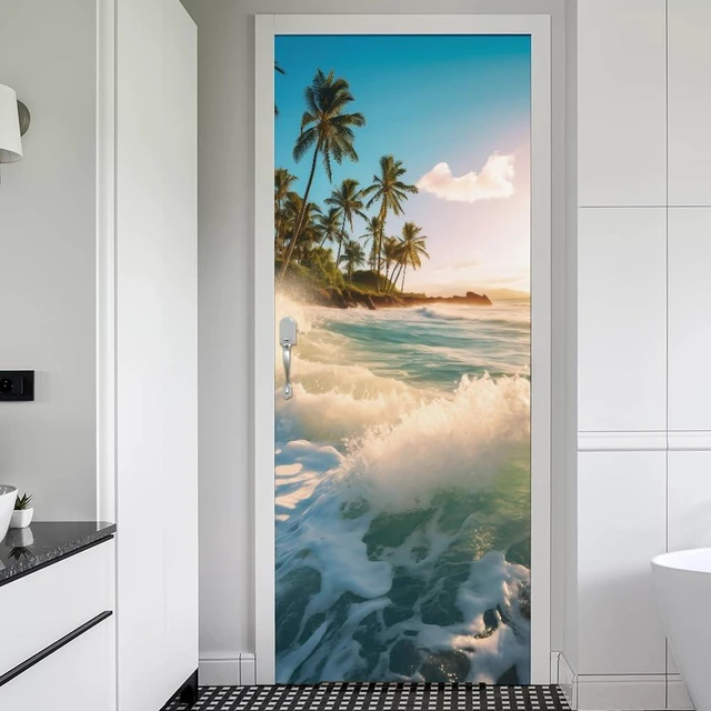 Main image of Sea Wave Beach Shore Tree Peel and Stick Door Stickers Vinyl 3D Door Mural Decals Decor Wallpaper Self-Adhesive, Waterproof, Removable