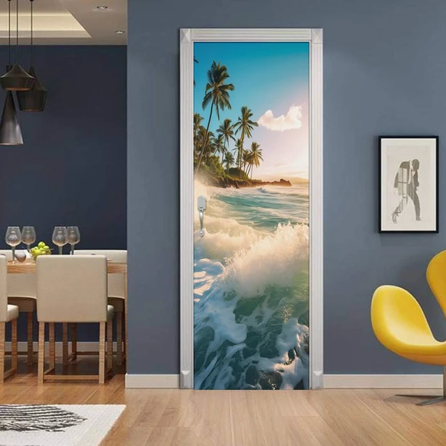 Alt view image 3 of 7 - Sea Wave Beach Shore Tree Peel and Stick Door Stickers Vinyl 3D Door Mural Decals Decor Wallpaper Self-Adhesive, Waterproof, Removable