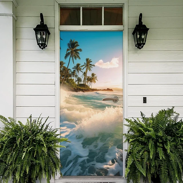 Alt view image 5 of 7 - Sea Wave Beach Shore Tree Peel and Stick Door Stickers Vinyl 3D Door Mural Decals Decor Wallpaper Self-Adhesive, Waterproof, Removable