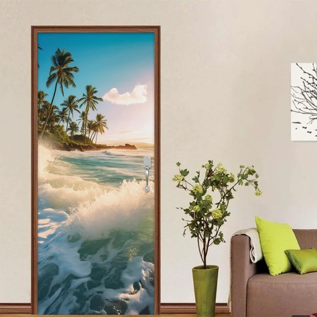 Alt view image 4 of 7 - Sea Wave Beach Shore Tree Peel and Stick Door Stickers Vinyl 3D Door Mural Decals Decor Wallpaper Self-Adhesive, Waterproof, Removable