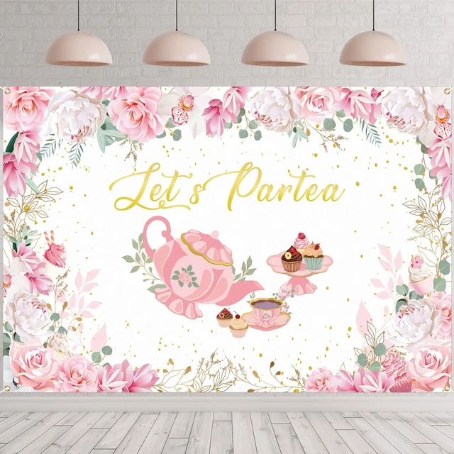 Main image of 7 x 5 ft Tea Party Backdrop Decorations, Lets Partea Banner, White Pink Floral Design banner for Birthday Bridal Shower, Photo Booth Background, Baby Shower Decor, Tea Party Supplies