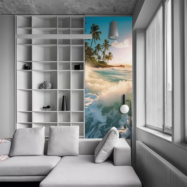 Alt view image 6 of 7 - Sea Wave Beach Shore Tree Peel and Stick Door Stickers Vinyl 3D Door Mural Decals Decor Wallpaper Self-Adhesive, Waterproof, Removable