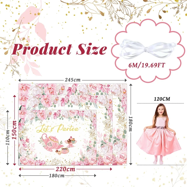 Alt view image 2 of 7 - 7 x 5 ft Tea Party Backdrop Decorations, Lets Partea Banner, White Pink Floral Design banner for Birthday Bridal Shower, Photo Booth Background, Baby Shower Decor, Tea Party Supplies