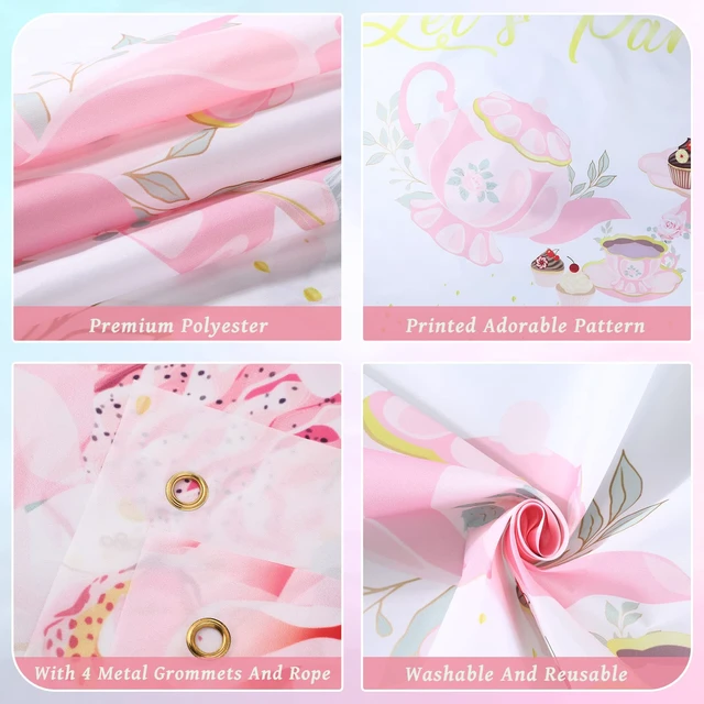 Alt view image 3 of 7 - 7 x 5 ft Tea Party Backdrop Decorations, Lets Partea Banner, White Pink Floral Design banner for Birthday Bridal Shower, Photo Booth Background, Baby Shower Decor, Tea Party Supplies