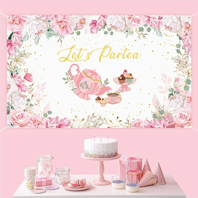 Alt view image 4 of 7 - 7 x 5 ft Tea Party Backdrop Decorations, Lets Partea Banner, White Pink Floral Design banner for Birthday Bridal Shower, Photo Booth Background, Baby Shower Decor, Tea Party Supplies