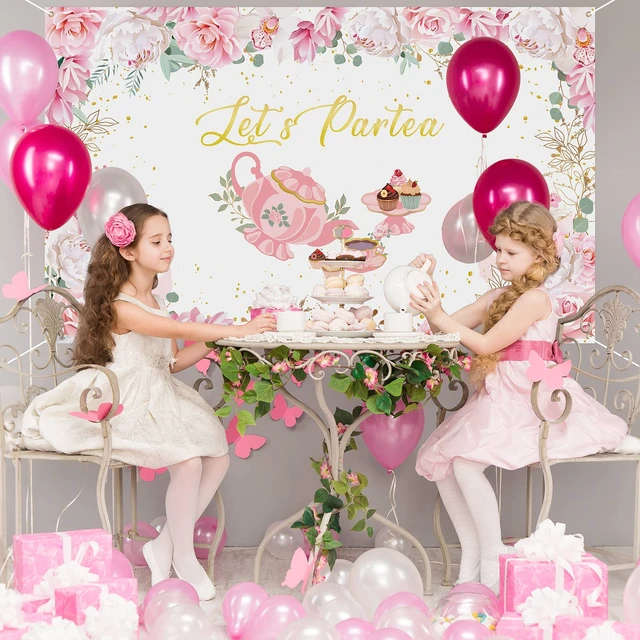 Alt view image 5 of 7 - 7 x 5 ft Tea Party Backdrop Decorations, Lets Partea Banner, White Pink Floral Design banner for Birthday Bridal Shower, Photo Booth Background, Baby Shower Decor, Tea Party Supplies