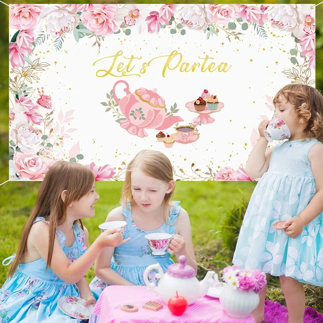 Alt view image 6 of 7 - 7 x 5 ft Tea Party Backdrop Decorations, Lets Partea Banner, White Pink Floral Design banner for Birthday Bridal Shower, Photo Booth Background, Baby Shower Decor, Tea Party Supplies