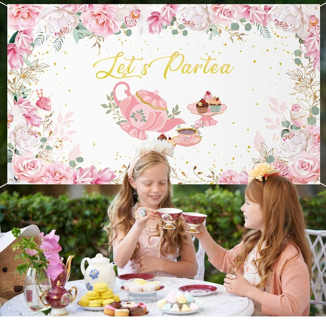 Alt view image 7 of 7 - 7 x 5 ft Tea Party Backdrop Decorations, Lets Partea Banner, White Pink Floral Design banner for Birthday Bridal Shower, Photo Booth Background, Baby Shower Decor, Tea Party Supplies