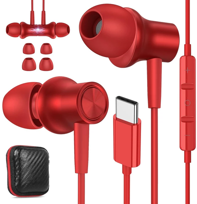 Main image of USB C Earbuds for Samsung S25 S26 Ultra S24+ S23 Fe S22, Red Type C Earphone with Mic Stereo Magnetic Corded USBC Headphone for iPhone 18 Pro Max Duo 17 Air 16 15 Plus/iPad/Pixel 11 10 9