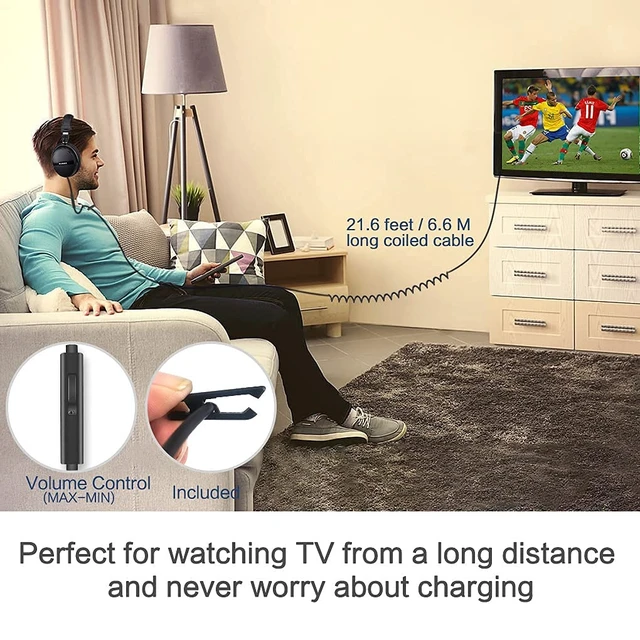 Alt view image 6 of 7 - Long Cord Headphones for TV and PC with Volume Control and Mic, 21.6FT/6.6M Extended Cable with Clip, RCA & 3.5mm AUX Audio, Fold-Flat Stereo Over Ear Wired TV Headphones, SM-906TV