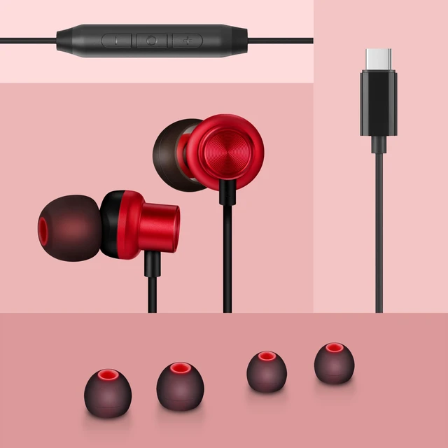 Alt view image 7 of 7 - USB Type C Headphones in Ear Earbuds, Red Mic and Volume Control, Compatible for Galaxy S25/S24/S23/Galaxy Note 10, iPhone 17/16/15