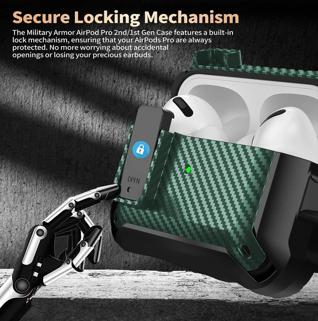 Alt view image 2 of 7 - AirPods Pro 2/1 Case Lock with Cleaner Kit & Replacement Ear Tips (S/M/L), Rugged Protective Cover for iPod Pro (2023/2022/2019) with Keychain, Army Green