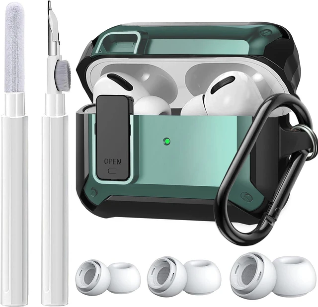 Main image of Case for AirPods Pro 2/1 Gen, Rugged Protective Cover with Cleaner Kit & Replacement Ear Tips (S/M/L), Keychain, Black/Green