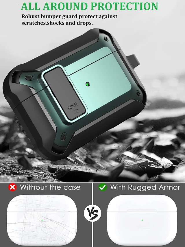 Alt view image 3 of 7 - Case for AirPods Pro 2/1 Gen, Rugged Protective Cover with Cleaner Kit & Replacement Ear Tips (S/M/L), Keychain, Black/Green