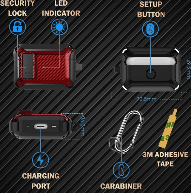 Alt view image 3 of 7 - for Airpods Pro 2 Gen/Pro Case Lock with Cleaner kit&Replacement Ear Tips(S/M/L), Rugged Air Pod Pro 2nd/1st Generation Protective Cover for iPod Pro (2023/2022/2019) with Keychain, Black/Red