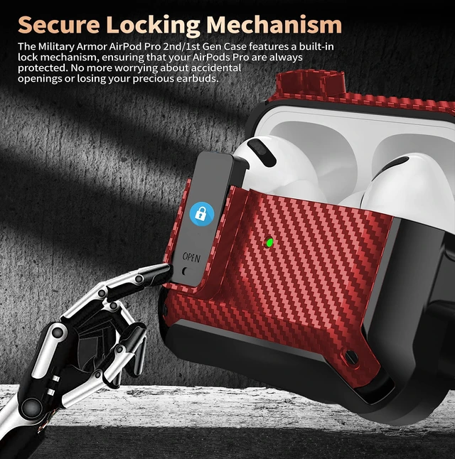 Alt view image 2 of 7 - for Airpods Pro 2 Gen/Pro Case Lock with Cleaner kit&Replacement Ear Tips(S/M/L), Rugged Air Pod Pro 2nd/1st Generation Protective Cover for iPod Pro (2023/2022/2019) with Keychain, Black/Red