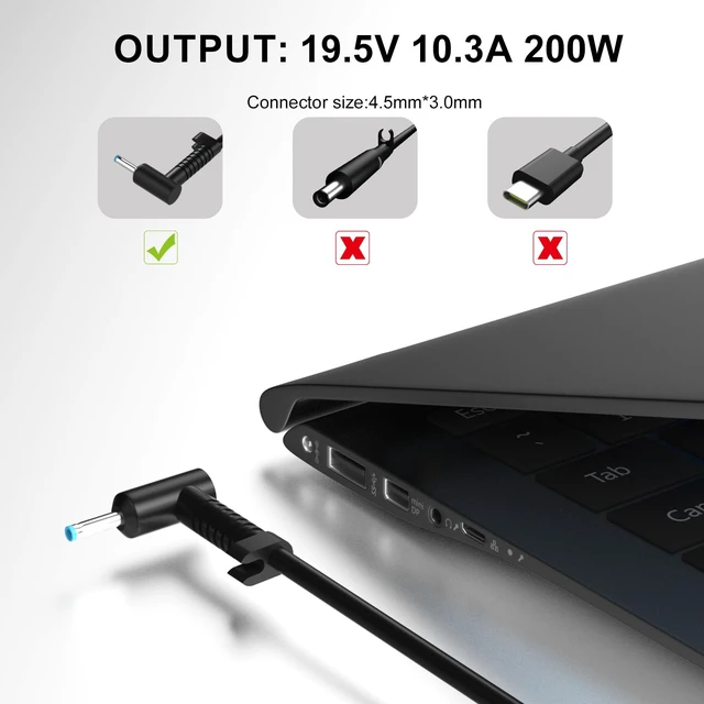 Alt view image 2 of 7 - 200W Laptop Charger for HP Omen Victus Gaming Power Supply 4.5x3.0mm Tip Mimics original HP protocols. Instantly recognized by Omen & ZBook to avoid charging error warnings