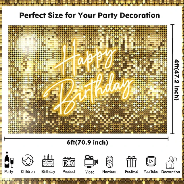 Alt view image 6 of 7 - Gold Happy Birthday Decorations Backdrop Banner,Glitter Neon Golden Birthday Backdrop Sign for Women Girls Shiny Shimmer Wall Photography Background Gold Party Supplies Photo Booth Props 6x4ft