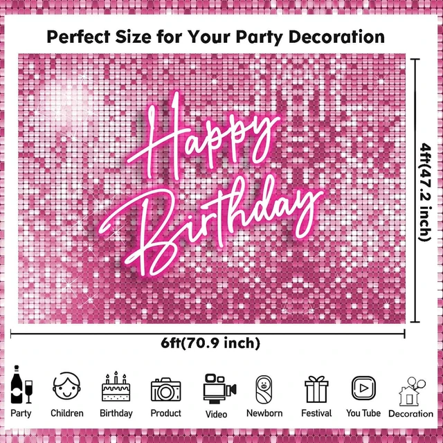 Alt view image 6 of 7 - Glitter Pink Happy Birthday Backdrop Banner Decorations for Women,Pink Neon Birthday Backdrops Sign Shining Shimmer Wall Photography Background Girls Bday Party Banner Photo Booth Props 6x4ft