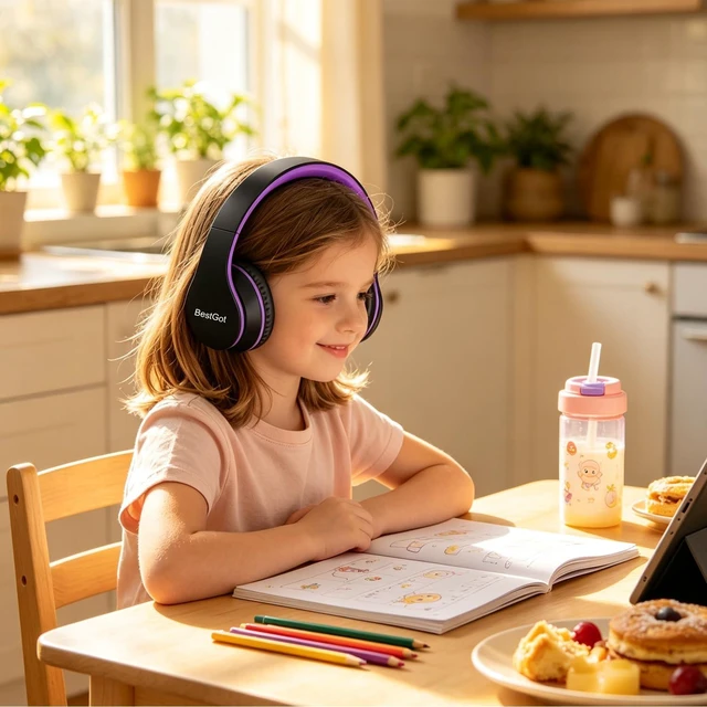 Alt view image 6 of 7 - Kids Headphones for Kids with Removable Cord volume Limited 95dB B/Purple Children's headphones, perfect and comfortable