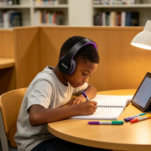 Alt view image 7 of 7 - Kids Headphones for Kids with Removable Cord volume Limited 95dB B/Purple Children's headphones, perfect and comfortable
