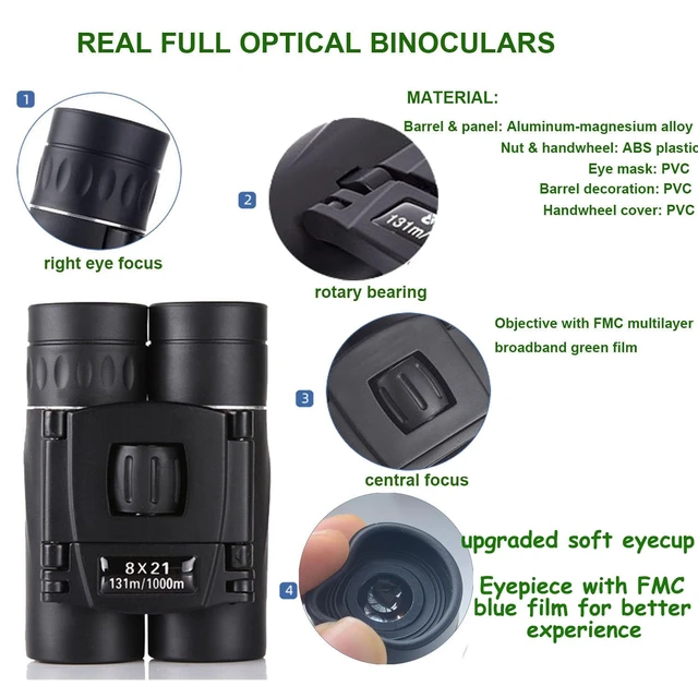 Alt view image 2 of 6 - 8x21 Compact Binoculars for Adults Teens, Mini Small Full Optical Binoculars for Bird Watching Opera Hiking Hunting Travel Concert (Black)