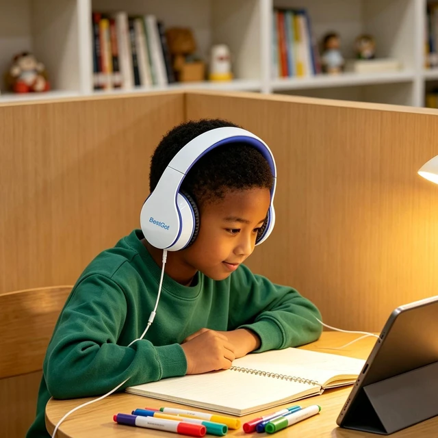 Alt view image 5 of 7 - Kids Headphones for Kids with Removable Cord volume Limited 95dB White/Blue Children's headphones, perfect and comfortable