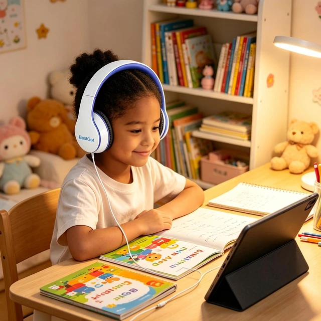 Alt view image 7 of 7 - Kids Headphones for Kids with Removable Cord volume Limited 95dB White/Blue Children's headphones, perfect and comfortable