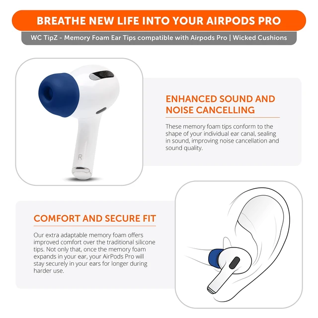 Alt view image 3 of 7 - TipZ - Upgraded Memory Foam Ear Tips for Airpods Pro Made by Wicked Cushions Improved Comfort, Tighter Seal & Better Foam Rebound, Fits in Charging Case Wicked Navy Blue