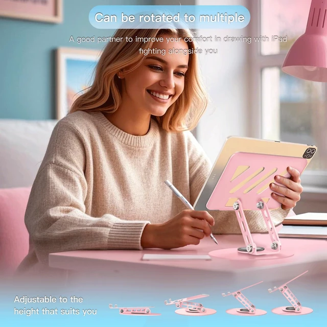 Alt view image 6 of 7 - 360° Rotating Tablet Stand - Pink Adjustable Dual Rotary Shaft,Folding Design Fits iPads & Tablets Up to 13" Ideal for Work,Painting,Office,Travel,Home