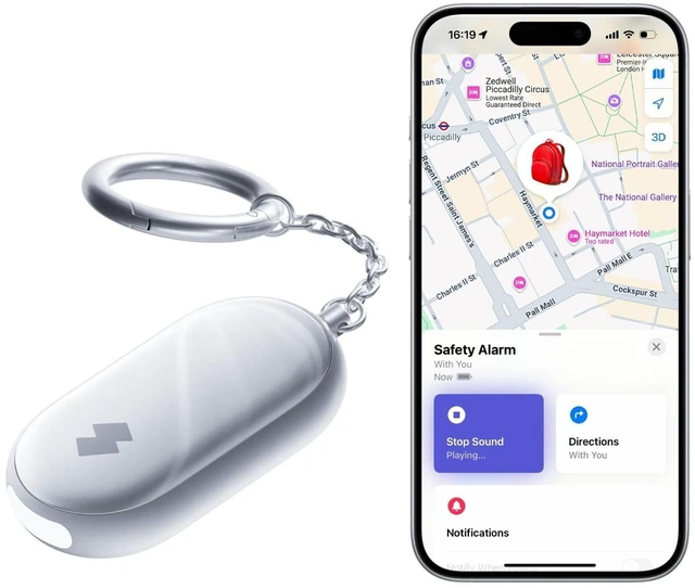 Main image of 130 dB Personal Safety Alarm for Women with Apple Find My APP, Extra-Loud Siren & Strobe Light, Waterproof Self Defense Keychain for Women, College Girls and Kids (White)