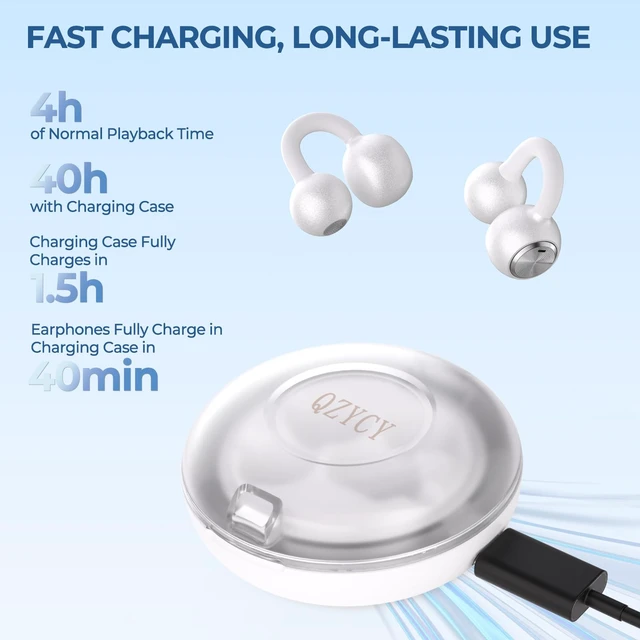 Alt view image 5 of 7 - Clip On Earbuds Open Ear Headphones - No Hurt Ears, Wireless 5.4 Earphone with Mic, 40H Playtime, Premium Audio, Charging Case Lighting Effects, for Office, Sports, White - DL3