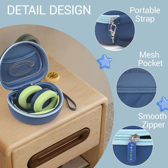 Alt view image 4 of 6 - Kids Headphone Case for ICLEVER BTH12/BTH26/HS19,JoySpark,EarFun, Blue Storage Case for AILIHEN,Acer KIDS,Candy Bila,Botesty Sound,MIDOLA,Botesty Sound,awatrue,IMYB, with Mesh Pocket & Hand Strap