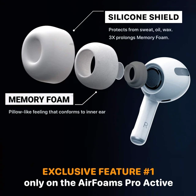 Alt view image 5 of 7 - AirFoams Pro Active V2.0 Memory Foam Ear Tips for AirPods Pro 1 & 2 Flexible Silicone Shield, Anti Slip, Better Sound, All Day Comfort, Secure, Noise Cancelling (3 Pairs-S/M/L)