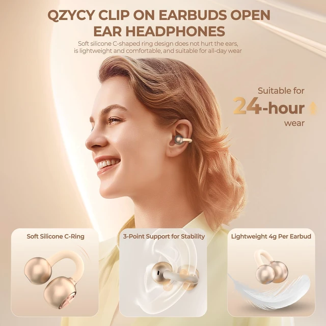 Alt view image 2 of 7 - Clip On Earbuds Open Ear Headphones - No Hurt Ears, Wireless 5.4 Earphone with Mic, 40H Playtime, Premium Audio, Charging Case Lighting Effects, for Office, Sports, Gold - DL3