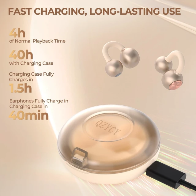 Alt view image 5 of 7 - Clip On Earbuds Open Ear Headphones - No Hurt Ears, Wireless 5.4 Earphone with Mic, 40H Playtime, Premium Audio, Charging Case Lighting Effects, for Office, Sports, Gold - DL3