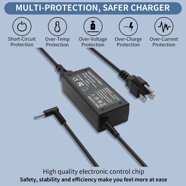 Alt view image 5 of 7 - 65W 45W Smart Blue Tip Charger for HP Laptop Computer Power Cord 710412-001 Compatible with HP Pavilion X360 15,EliteBook,Stream,ProBook,Envy 15,ZBook 14U/15U,Chromebook,19.5V 3.33A 741727-001