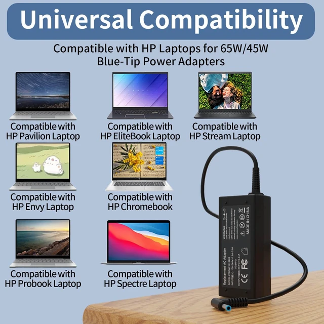 Alt view image 3 of 7 - 65W 45W Smart Blue Tip Charger for HP Laptop Computer Power Cord 710412-001 Compatible with HP Pavilion X360 15,EliteBook,Stream,ProBook,Envy 15,ZBook 14U/15U,Chromebook,19.5V 3.33A 741727-001