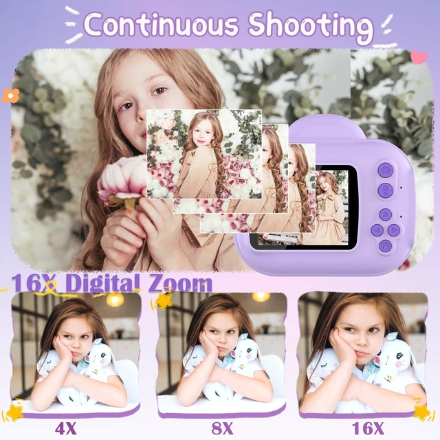 Alt view image 4 of 7 - Kids Camera Toys, Instant Print Camera for Kids, Toddler Cameras for Girls Boys,1080P HD Digital Cameras, Portable Travel Toys for Girls 4 5 6 7 8 9 10 Year Old with SD Card (Purple)