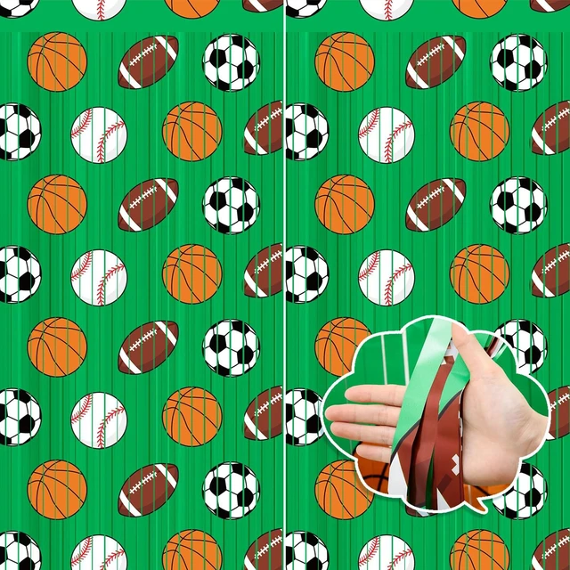 Main image of 2 Pack Green Sport Party Decoration, Foil Fringe Curtain 3.3x6.6 ft Themed Sports Backdrop, Basketball Football Soccer Baseball Patterns, Metallic Tinsel for Athlete Birthday, Photo Booth Props